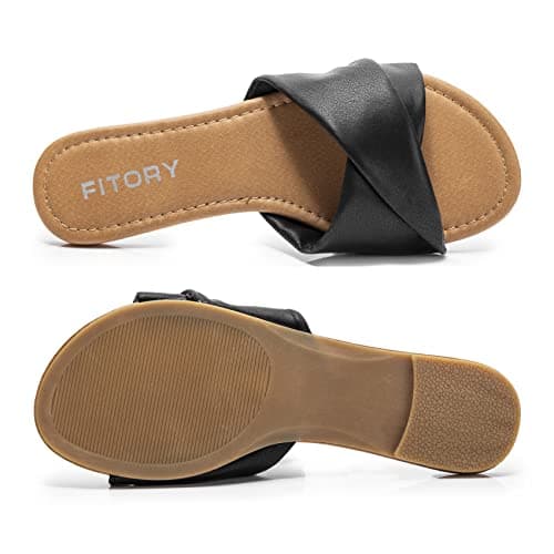 FITORY Women's Sandals Flat Slip On Leather Summer Slide Pure Black Size 5 — view 4
