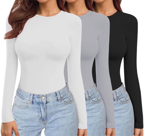 Ekouaer Womens Long Sleeve Tops Thermal Tee Black+Light Grey+White L