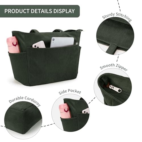 KALIDI FANCY FOREST Women's Green Corduroy Tote Bag With Zip, Medium (35x30x14cm), 15-Inch Laptop & A4 Folders, 4 Pockets, Waterproof, Solid Color, DXRB62 — view 3