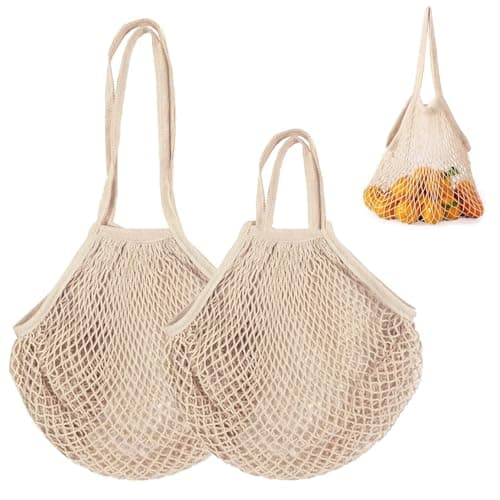 VNIDJGB 2 Pcs Grocery String Bags,Beige Reusable Cotton String Bag,Portable Eco-Friendly Portable Mesh Produce Bags,Lightweight Grocery Shopping Bag,for Storage Outgoing Travel,Vegetables(2 Sizes)