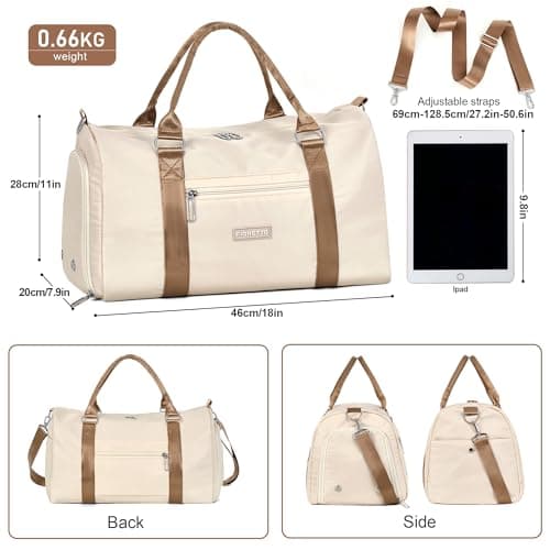 FIORETTO Womens Gym Sports Bag Travel Bag with Shoes Compartment & Wet Pocket, Weekend Overnight Duffle Hospital Bag Carry On Bag Holdall for Travel Swimming Beige & Brown — view 3