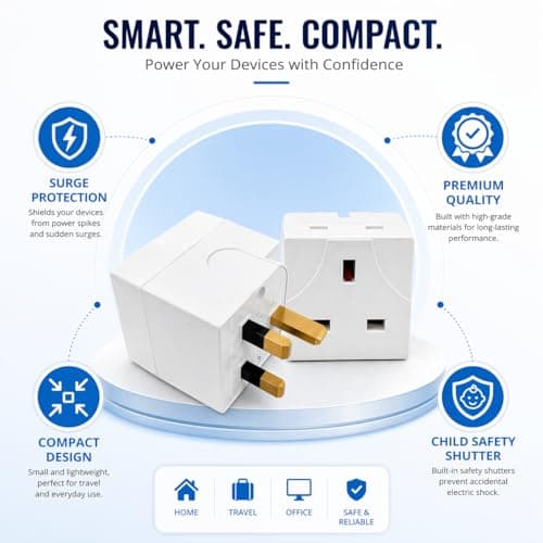 THE BELL 2 Way Adapter Plug UK 3 Pin Double Socket Wall Adapter, Compact 13A Plastic & Metal Multi Plug, 5 x 5cm Single Extension Cube For Home Travel Office, White, 1 Pack — view 5
