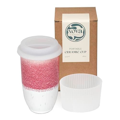 NOVA Ceramics Coffee Travel Mug - Coffee Travel Cup – Microwave & Dishwasher Safe Coffee Pink Tumbler - Gifts for Women Men Him Her – 475ml – Coral Pink