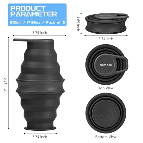 Nefeeko Collapsible Water Bottle,17oz(500ml) Reuseable BPA Free Silicone Foldable Water Bottles for Travel Gym Camping Hiking, Portable Leak Proof Sports Water Bottle with Carabiner — view 2