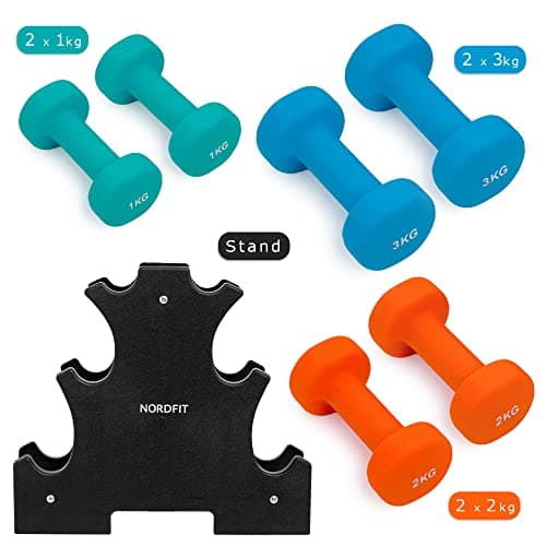 Dumbbell Set with Rack – 1kg, 2kg and 3kg Pairs of Dumbbell Weights – Neoprene Coated – Colourful – Fitness and Home Gym Equipment by Nordfit — view 6