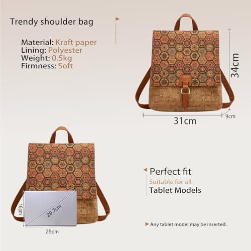 CORIOS Boho Backpack for Women Daypacks with Ethnic Pattern Bohemian Style Shoulder Handbag Multipurpose Convertible Purse Teenager School Bag Bookbag Cork Fabric Rucksack for Travel Outdoor Caramel — view 3