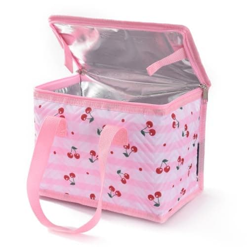 TEAMOOK Foldable Lunch Bag Insulated Lunch Box Water-Resistant Leakproof Soft Cooler Bag Pink Cherry 8-10 cans