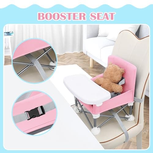 Generic Baby Seat Booster, Space Saver Toddlers, Portable Folding Booster Feeding Chair with Belt/Food Tray/Travel Bag, Pink — view 4