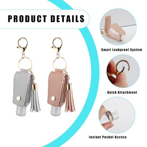 Bojueshaw 2Pack Refillable Travel Bottles Keychain,Leakproof Plastic Bottles with PU Leather Cover,Portable Hand Sanitizer Holders for Travel,Gym,Office — view 3