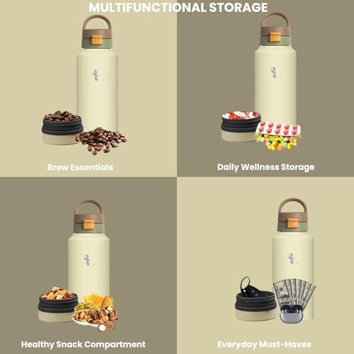 SimplyLivin Water Bottle 750ml with Bottom Compartment | Insulated Stainless Steel Flask | 24H Cold 12H Hot | Leakproof | Secret Storage for Protein Powder, Keys, Valuables | Gym, Travel | Cream Beige — view 3