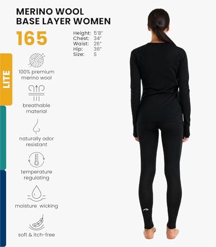 100% Merino Wool Base Layer Womens Set - Thermal Underwear Womens + Socks (Medium, 165 Black) — view 2