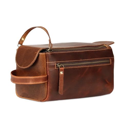KomalC Premium Buffalo Leather Toiletry Bag for Men & Women With Water resistant Lining, Grooming Travel Pouch, Unisex Wash Bag for Toiletries, Gifts for Men and Women, Distressed Orange Tan, Unisex