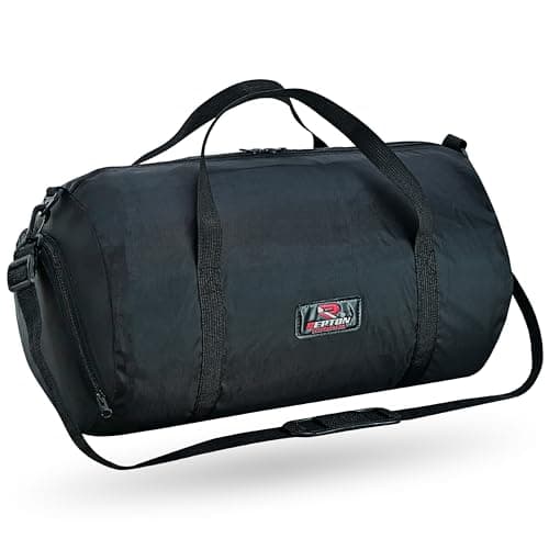 Gym Bag with Shoe Compartment - 30L Foldable Sports Holdall for Men & Women - Lightweight Barrel Duffle Packs Into Internal Zip Pouch - Ideal for Travel, Gym & Weekend Trips (Black)
