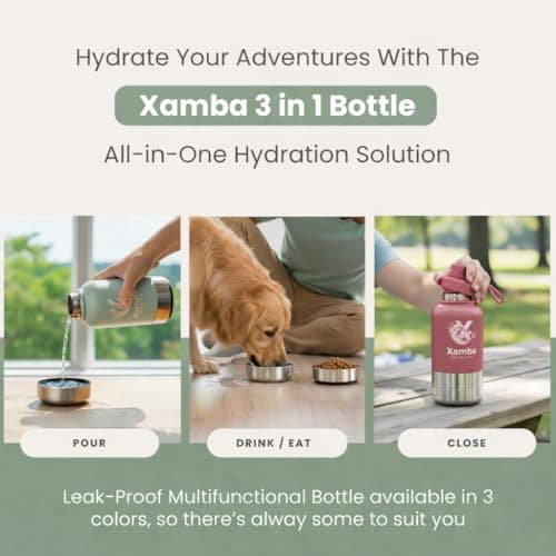 Xamba 3-in-1 Dog Travel Water Bottle 32oz (1000ml) – Stainless Steel Leak-Proof Pet Water Bottle with Detachable Food & Water Bowls for Walking, Hiking & Travel (Rose Pink) — view 4