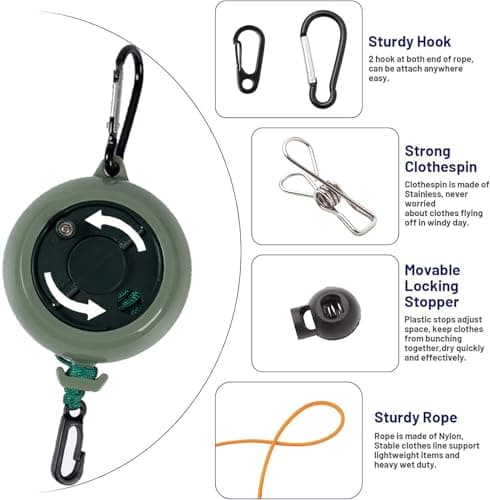 ZONSUSE Portable Travel Clothesline,Adjustable Camping Clothesline,10m Anti-Tangle Retractable Clothes Line,with 10 Fixed Buckles and 20 Clothespins, for Indoor Outdoor Balcony Garden Hotel (Green-A) — view 4