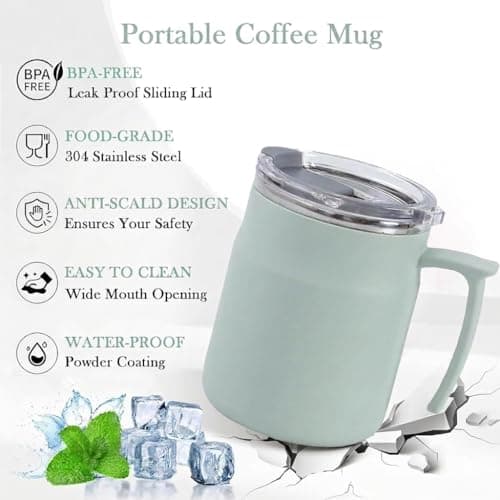 HZXYchen Stainless Steel Travel Mug with Handle – 304 Coffee Cup 500ml with Locking Lid – for Commute, Office & Outdoor – Green — view 4