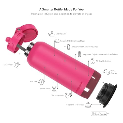 Hidrate Spark PRO 2 – Smart Hydration Bottle with Drink Reminders & Water Tracking, 946ml Stainless Steel – Syncs with Apple Health, Fitbit, Smart Rings & Smart Watches - Bundle Lid - Flamingo — view 3