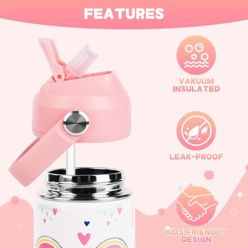 AMFUN 350ml /12oz Kids Insulated Water Bottle with Straw Lid,Small Flask Vacuum Insulated,Upgraded Leak Proof Lid with Straw & Handle for Boys Girls Hot Cold Drinks,BPA-Free (Rainbow) — view 4