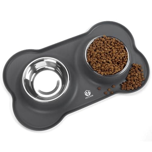 PET'S HUB Pet Feeding Bowl Set, Double Bowls with Silicone Mat Tray for Cats, Puppies, and Small Dogs. (Grey, Small)