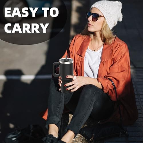WATERSY Travel Mug Coffee Cup 20oz Tumbler Straw Lid and Handle, Stainless Steel Double Wall Vacuum Insulated Coffee Water Bottle Thermal for Cold Hot Coffee 591ml Black — view 5