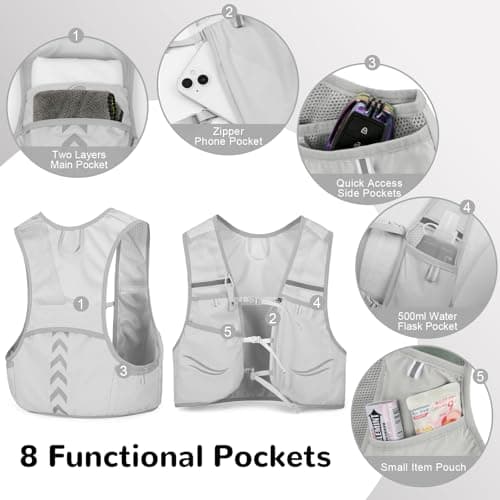 Outplea Breathable Reflective Running Vest with 2 pcs Soft Water Bottle for Men Women, Ultralight Hydration Vest for Jogging Trail Running Cycling Race Marathon, Grey/L — view 4