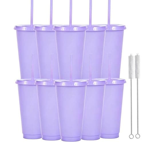 Yisituo 710ml Reusable Plastic Cups, 10 Pack Cold Cups with Lid and Straw, Tumblers Travel Mugs for Adults and Madam Party and Beach, Pool Gatherings (10, Light Purple)