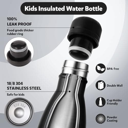 Volhoply 350ml/12oz Small Water Bottle Stainless Steel, BPA Free Insulated Water Bottles, Double Wall Cola Shape Flask, Keeps Cold 24 Hours and Hot 12 Hours for Kids Handbag (Black) — view 4