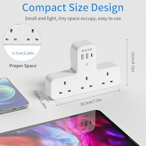 Mscien Multi Plug Adaptor, 6 in 1 Plug Extension Socket 3 Way 3 USB(3.4A,1 Type-C), Wall Socket UK Power Strip with 315 Degree Rotation, Plug Adapter Surge Protected Extender For Home Office — view 5