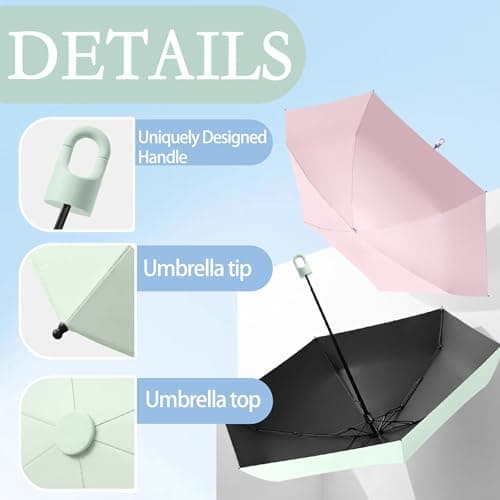 Mini Travel Folding Umbrella With Rotating Open&Close Ring Carabiner Handle for Women Kids - Micro Portable Umbrella Fits Pocket&Handbag,Small Compact,UV Protection,Anti Sun,Teflon,6 Ribs,Rain — view 3