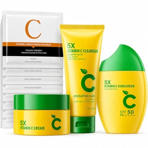 9PCS Vitamin C Skincare Set & Facial Kit for Outdoor & Beach,Travel Size Skincare Set with Cleanser,Moisturiser,Eye Mask & Sunscreen SPF 50,Brightening Age-Defying Gift,Hydrating Glow,Even Skin Tone