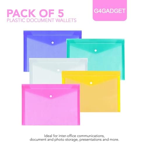 G4GADGET Pack of 5 A4 Plastic Wallets – Durable Popper Document Folders for Paperwork, Office & School Filing – Transparent Waterproof File Organiser — view 5