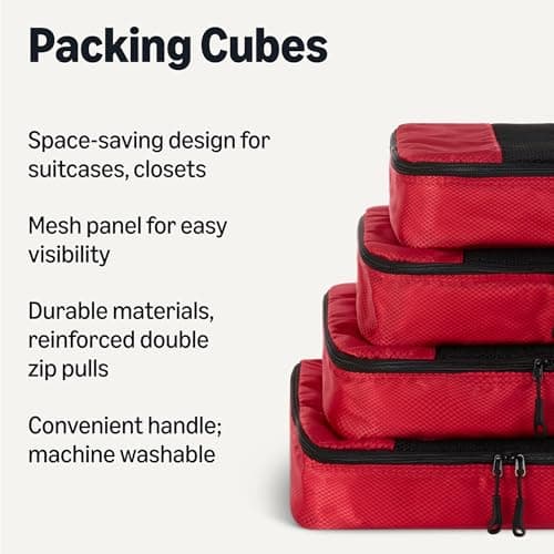 Amazon Essentials 4-Piece Packing Cubes Travel Accessories Set, Luggage Organiser with Double Zip, Mesh Top, Polyester, Medium, Red (Previously Amazon Basics) — view 2