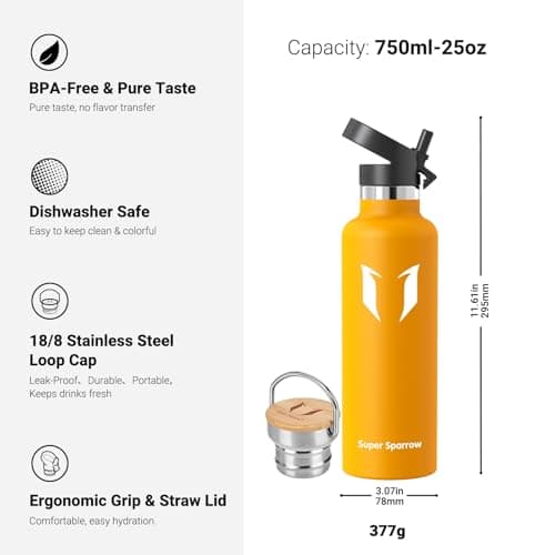 Super Sparrow Stainless Steel Water Bottle - 750ml - Vacuum Insulated Metal Water Bottle - Standard Mouth Flask - BPA Free - Straw Water Bottle for Gym, Travel, Sports — view 3