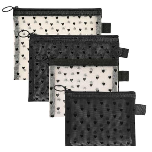 4 Pcs Small Make Up Bag for Handbag, Heart Print Mesh Travel Pouches with Zipper, 2 Sizes Clear Cosmetic Organizer Pouches in 2 Colors for Home, Toiletries & Daily Use