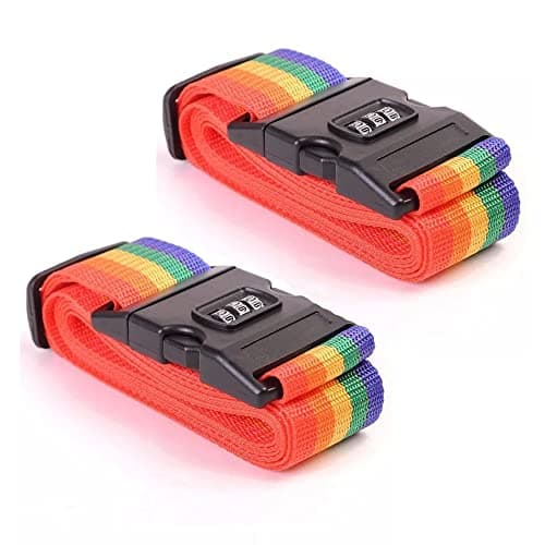 Heavy Duty Non Slip Luggage Straps for Suitcases Packing Belts Travel Accessories Adjustable Bag Strap Rainbow Colour (2 x Rainbow Straps with Lock)