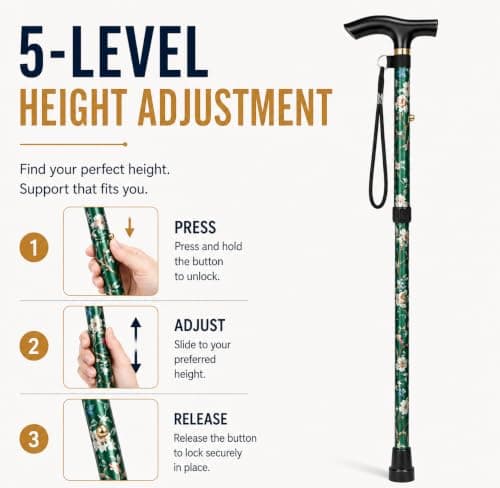 HATAF Adjustable Folding Walking Stick 85-95cm for Men, Women & Ladies – Lightweight Collapsible Cane, Balance Support & Non-Slip Tip, Mobility Aid for Seniors, Elderly & Disabled (Green Flowers) — view 5