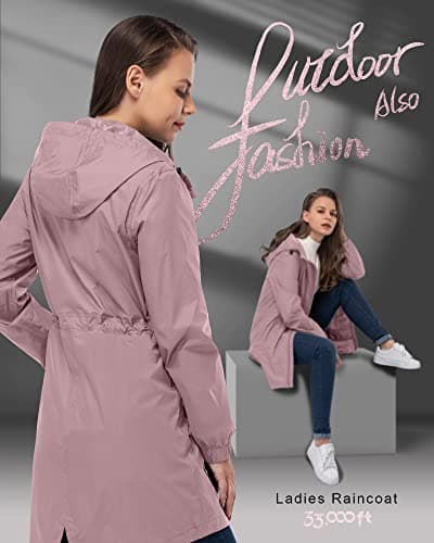 33,000ft Women's Rain Jacket Lightweight Hooded Long Rain Coat Waterproof Jacket Ladies Packable Functional Jacket Windbreaker Breathable Active Outdoor Coats Pink XL/16 — view 4