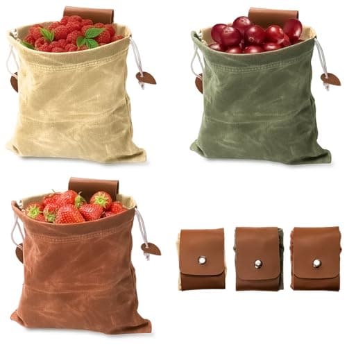 Mezchi 3 Pack Mushroom Foraging Bag, Collapsible Waxed Canvas Bag, Leather Foraging Pouch Basket for Camping, Hiking Hunting, Grocery Storage, 3 Colors