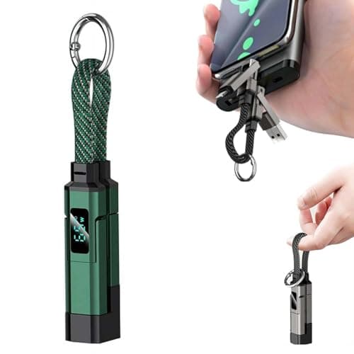 4-in-1 USB C Keychain Charger Cable with Digital Display, 65W Fast Charging Short Braided Data Cord for Type-C/L/USB-A, Portable Multi Charger for Phone Tablet Laptop (Green)