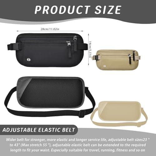 2 Pcs Travel Money Belt for Hidden Security Money Belts for Travel Hidden Women and Men - Multiple Pockets,Elastic Waistband,RFID Blocking,Lightweight and Durable for Running,Cycling(Black, Khaki) — view 4