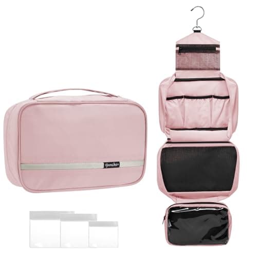 homchen Hanging Toiletry Bag Travel Kit for Men Women, Upgrade Large Capacity Wash Bag Makeup Bag with 4 Compartments, Foldable Compact Size (Pink)
