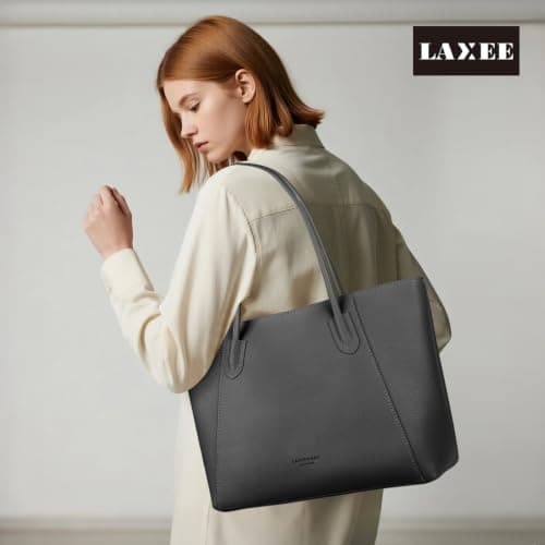 Laxee Handbags for Women, Large PU 15.6 Inch Laptop Tote Bag with Zip and Laptop Pocket, Simple Waterproof Ladies Handbag Shoulder Bag, Elegant Tote Bags for School Work Travel Shopping(Black-L) — view 2