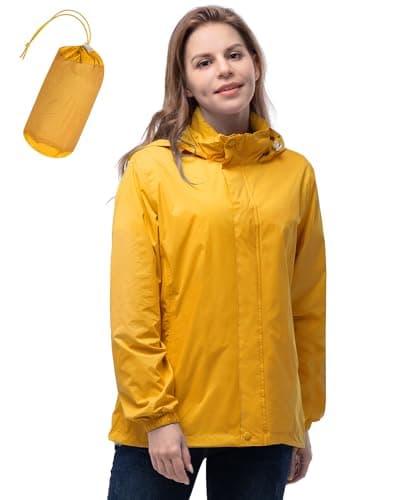 33,000ft Women's Lightweight Rain Jackets Hooded Breathable Packable Running Raincoats Active Trench Windbreaker with Hideaway Hood for Cycling Hiking (Golden S/UK 10)