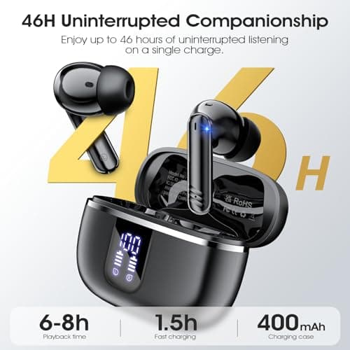 Wireless Earbuds, Bluetooth 5.4 Headphones with 4 Noise Cancelling Mic, 46H In-Ear Buds with 3D Bass Stereo, Small Ears, LED Display, Calls Sports Workout, IPX7 Earphones for Android iOS. Black — view 6