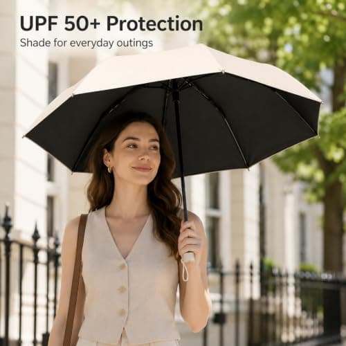 WHJYCC Mini Travel Umbrella, UPF 50+, 6-Rib, Beige, with Zip Case — view 6