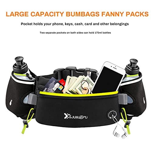 Number-one Running Belt with Water Bottles(2 x 175ML), Hydration Belt Waterproof Waist Pack Bag Fits iPhones Adjustable Sports Waist Pouch for Marathon Running Hiking Cycling, Green, 80cm*12cm*0.5cm — view 4