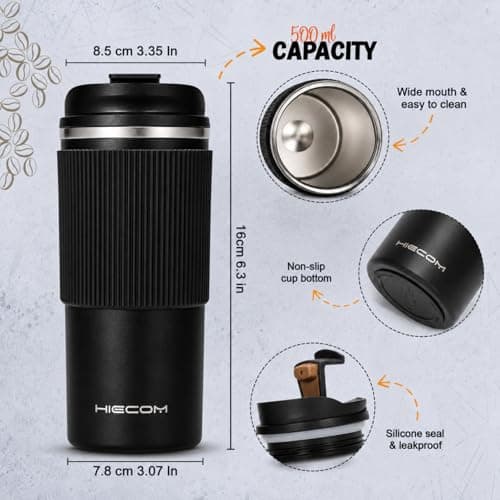 Hiecom Coffee Cup Travel Mug in Black – Vacuum Insulated Travel Mug | Leakproof Thermal Coffee Cup with Double-Wall Stainless Steel, Non-Slip Silicone Grip for Hot and Cold Beverages – 500ml — view 3