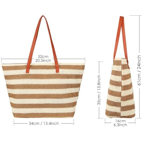 Chuboir Large Straw Shopping Tote Bags, Reusable Eco Grocery Tote Bags with Zipper, Bohemian Woven Beach Bag for Women Daily Shopping Travel Gym Holiday Picnic — view 4