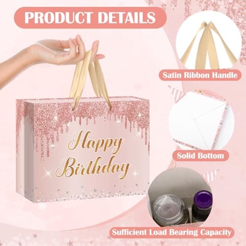 12'' Large Rose Gold Happy Birthday Gift Bag for Women and Girls Pink Present Set with Greeting Card and Wrapping Tissue Paper Birthday Party Decorations Supplies — view 4