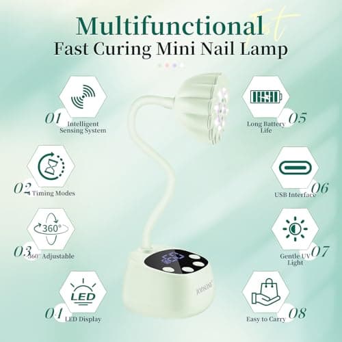 JODSONE Fast Curing U V Nail Lamp - Portable and Flexible Gooseneck Lamp with 360° Adjustable Design, Rechargeable LED Dryer for Gel Polish, Auto Sensor & 4 Timers, Home DIY Manicure Light Mint Green — view 3